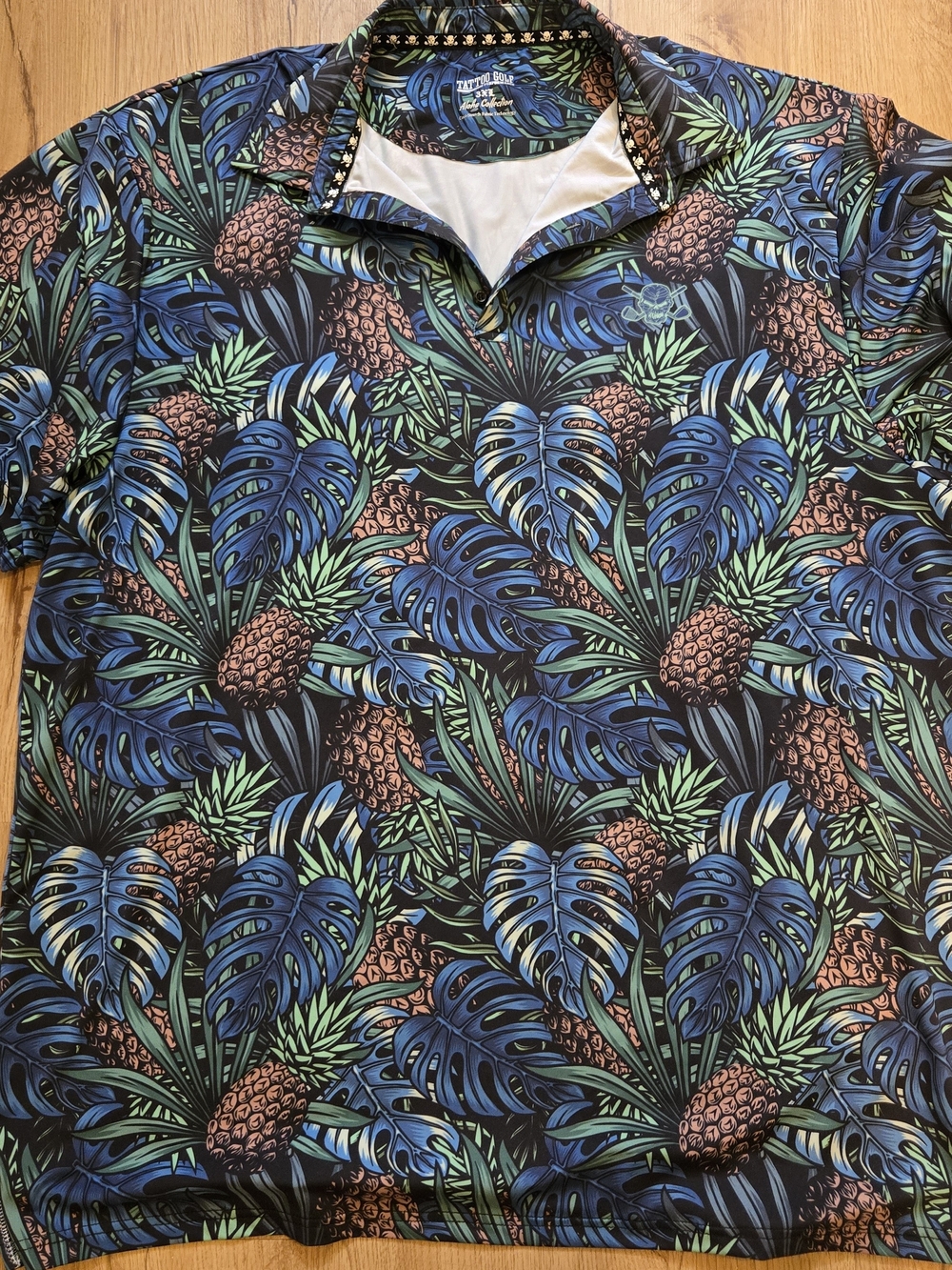 Tattoo Golf Shirt Men Aloha Hawaiian Pineapple Skull Polo Blue Cool Stretch 3XL